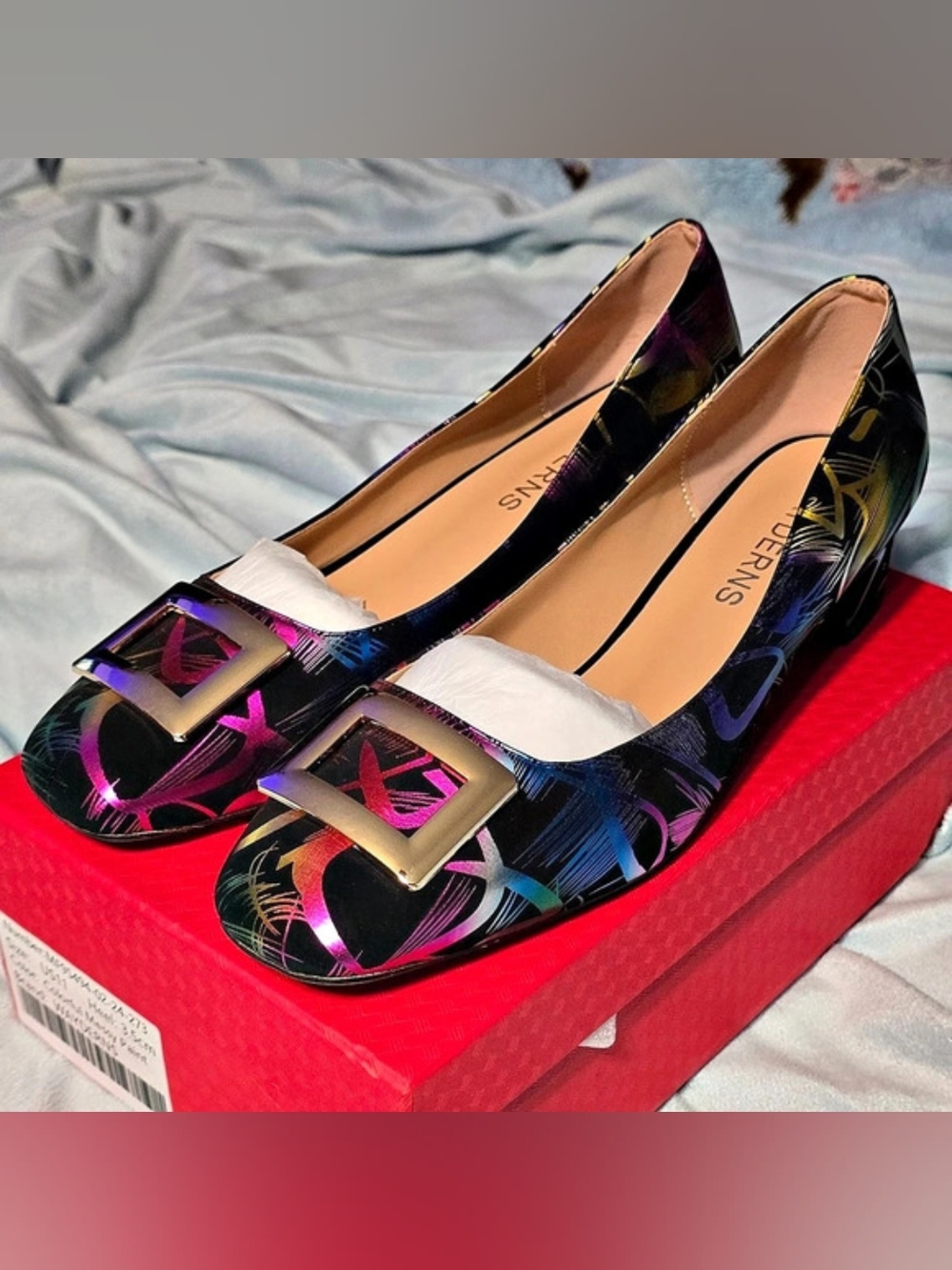 WAYDERNS Square Toe Buckle Low Block Heel Pumps Black & Multicolor